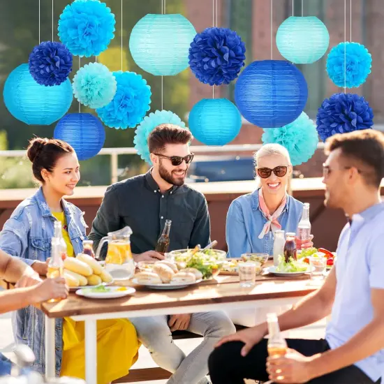 Blue Hanging Party pom pom Set, Paper Flowers Pom Poms Balls and Paper Lanterns for Under The Sea Party Decorations Wedding Birthday Bridal Baby Shower Graduation, 15pcs {3}