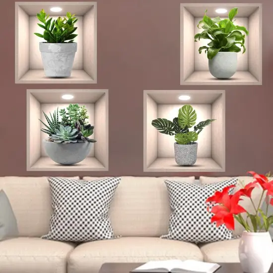 4 Pack 3D Green Plants Wall Stickers Botanical Plants Wall Decals for Bedroom Living Room Kitchen {3}