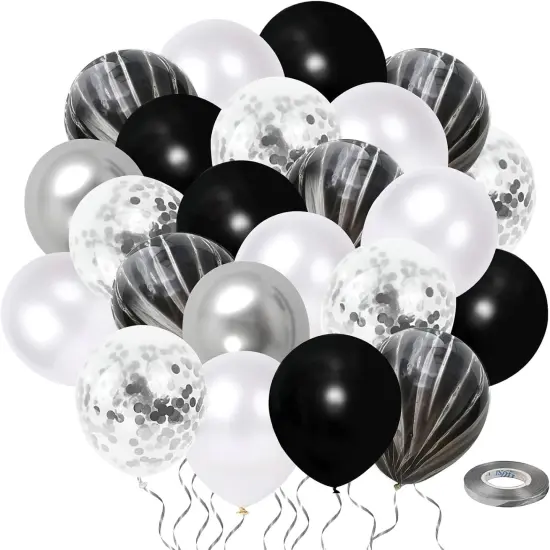 Green and Gold party Balloons, 12 Inch Retro Sage Green White Metallic Gold Confetti Balloons with Ribbon for Wedding Birthday Baby Shower Decorations (Black and Silver Balloons-50pcs) {1}