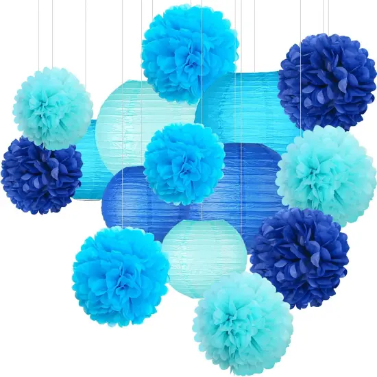 Blue Hanging Party pom pom Set, Paper Flowers Pom Poms Balls and Paper Lanterns for Under The Sea Party Decorations Wedding Birthday Bridal Baby Shower Graduation, 15pcs {1}