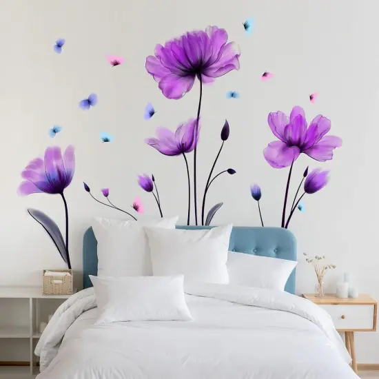 Flowers Wall Sticker Purple Floral Wall Decal Removable Butterfly Wall Stickers Self Adhesive Wall Mural for Nursery Bedroom Kids Room {3}