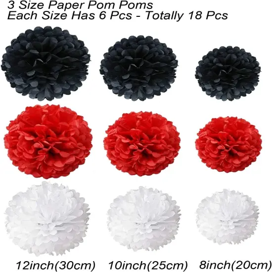 Hanging Paper Fan Set, Tissue Paper Pom Poms Flower Fan and Honeycomb Balls for Birthday Baby Shower Wedding Festival Decorations - Red Black and White {4}
