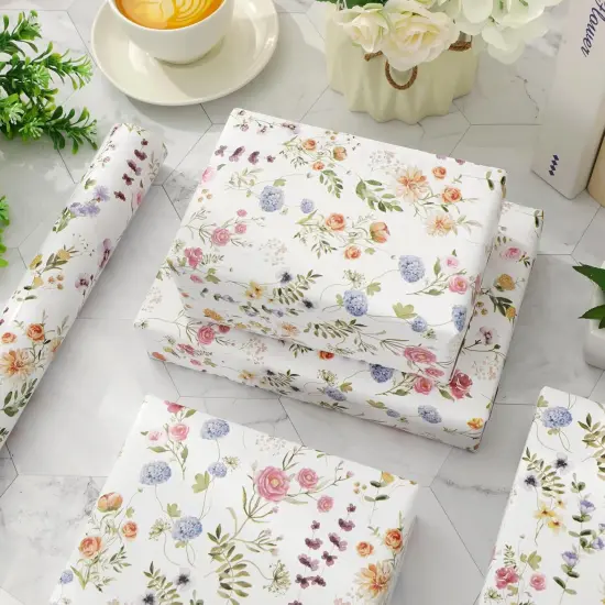 Spring Flower Wrapping Paper -Mini Roll- 17In x 32.8Ft Watercolor Wildflower Gift Wrap Paper Colorful Floral Craft Paper for Birthday Wedding Party Mother's Day Packing Supplies {4}