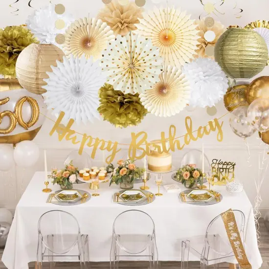 White Gold Champagne Birthday Party Decorations Tissue Pom Poms Hanging Paper Fan Paper Lanterns Gold Party Decoration for Women Girls Happy Birthday Wedding Engagement Baby Shower Decoration {5}
