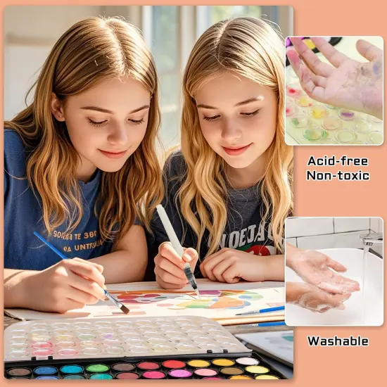 40+8 Watercolor Paint Set, Washable Water Color Paint Sets for Kids Adult Beginner, Non-toxic Watercolors with 3 Brushes 1 Refillable Water Brush Pen and Palette, Artists Watercolor Set, Art Supplies {6}