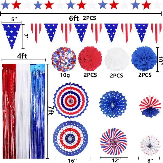 4th of July Patriotic Party Decorations Set, American Flag Hanging Paper Fans, PomPoms Flowers, Foil Fringe Curtain, Star Streamers, USA Pennant Bunting Independence Day Party Supplies {2}