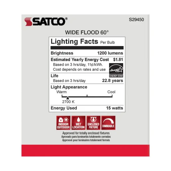 Satco 15w PAR38 LED 60 deg. Beam E26 Medium base 2700k Warm White {3}