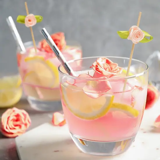 Pink Rose Flower Cocktail Picks, 4.7 Inch Long Bamboo Fancy Toothpicks for Appetizers, Decorative Bridal Shower Wedding Valentines Party Food Drinks Fruit Skewer Sticks 100 Counts - MSL222 {4}