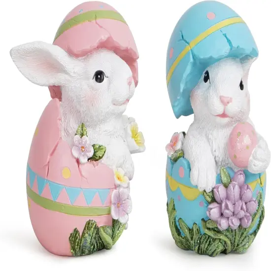 Easter Bunny Decorations Spring Easter Egg/Cup Bunny Indoor Home Decor Farmhouse Country Style Flowers Bunny Figurines (2pcs Easter Egg Rabbit Color 1) {4}