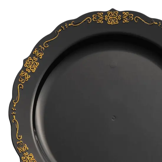 Black with Gold Vintage Rim Round Disposable Plastic Appetizer/Salad Plates - 7.5" (120 Plates) {1}
