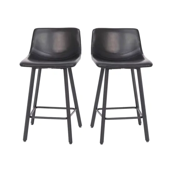 Merrick Lane Oretha Set of 2 Modern Upholstered Stools with Contoured, Low Back Bucket Seats and Iron Frames Black Faux Leather {2}