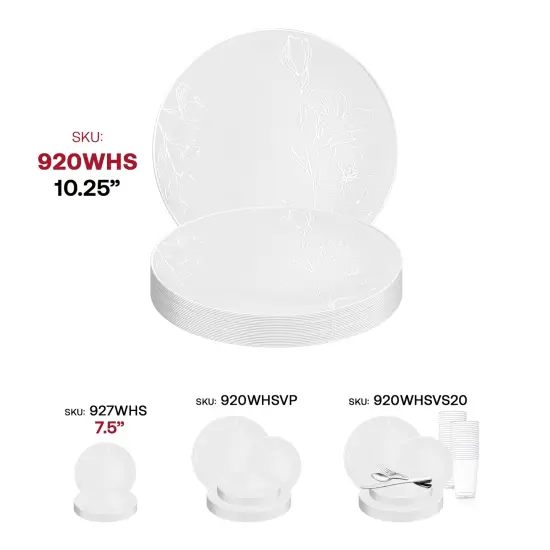 White with Silver Antique Floral Round Disposable Plastic Dinner Plates - 10.25" (120 Plates) {6}