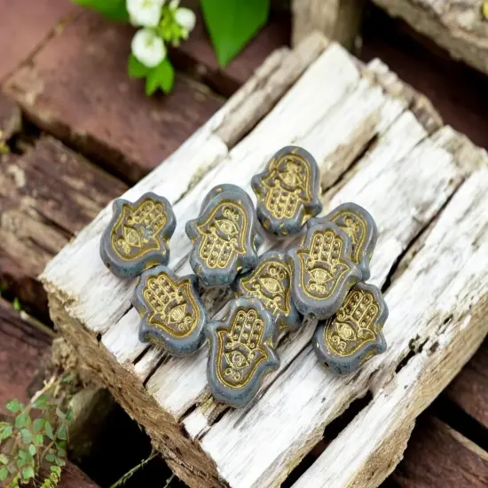 *10* 15x10mm Gold Washed Teal Hamsa Hand Beads {2}