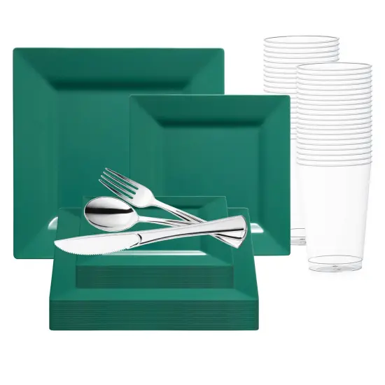 Hunter Green Square Plastic Plates Wedding Value Set (20 Settings) {1}