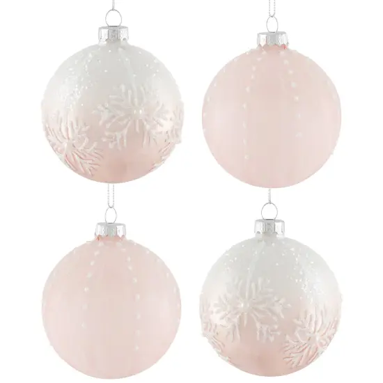 Northlight Snowflakes Glass Ball Christmas Ornaments - 3" (80mm) - Pink and White- 4ct {3}
