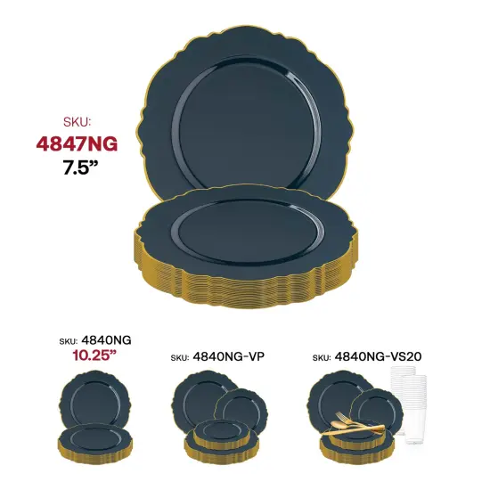 Navy with Gold Rim Round Blossom Disposable Plastic Appetizer/Salad Plates - 7.5" (120 Plates) {6}