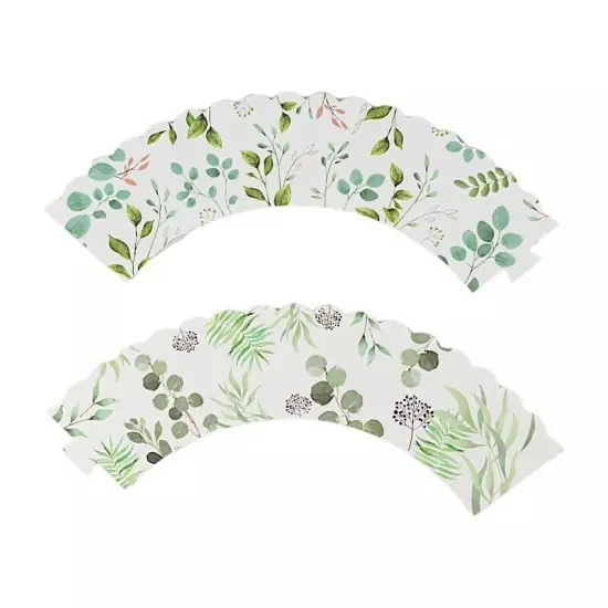 25 White Paper Cupcake WRAPPERS Green Eucalyptus Leaves Print Party Decorations {2}