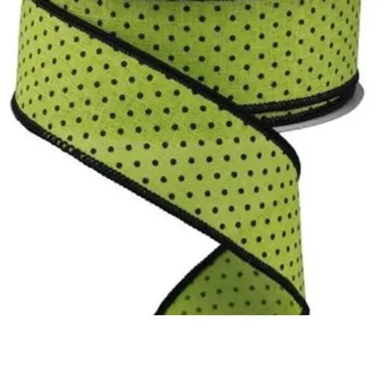 Colored Fabric Ribbon with Black Polka Dots 1.5" x 10 yd Lime / Black {4}