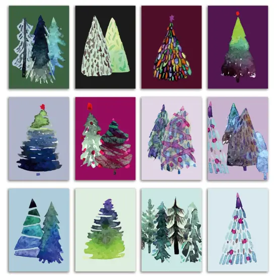 Whimsical Watercolor Christmas Tree Greeting Cards - 24-Pack Holiday Note Cards in 12 Unique Tree Designs, Blank Inside, Perfect for Sending Merry Christmas & Happy Holiday Wishes - Artistic Festive Stationery Set for Seasonal Cheer {1}