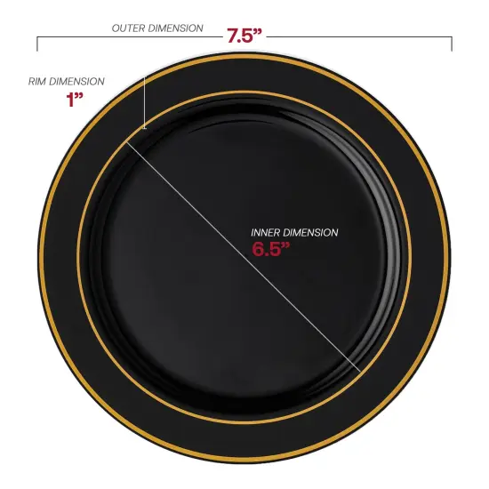 Black with Gold Edge Rim Plastic Appetizer/Salad Plates - 7.5" (120 Plates) {3}