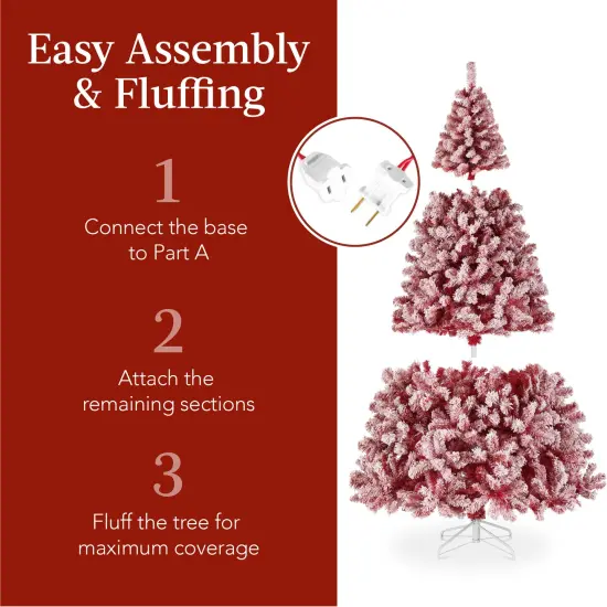 Best Choice Products Pre-Lit Red Christmas Pine Tree w/ Flocked Branches, Warm-White Lights {4}