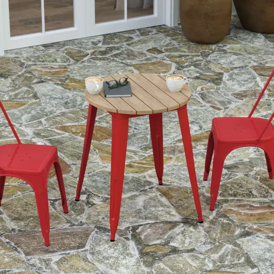 Merrick Lane Dryden Indoor/Outdoor Dining Table, 23.75" Round All Weather Poly Resin Top with Steel Base Brown Top/Red Frame {5}