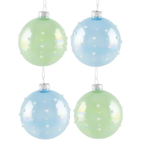 Northlight Shiny Glass Ball Christmas Ornaments with Pearl Drops - 3" (80mm) - Blue and Green- 4ct {3}