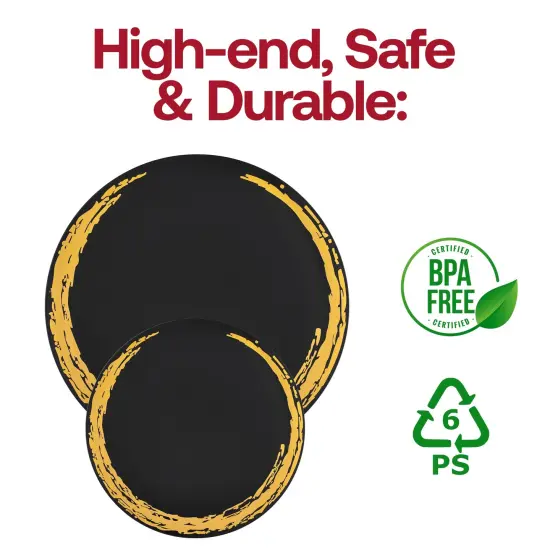 Black with Gold Moonlight Round Disposable Plastic Appetizer/Salad Plates - 7.5" (120 Plates) {5}