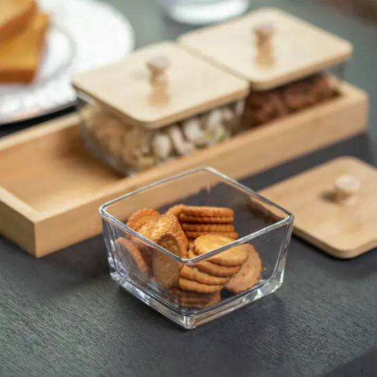 Basicwise Set of Glass Jars with Bamboo Lids and Wooden Tray &ndash; Charcuterie, Snack Organizer, and Fruit Platter for Party, Candy Jars, Cookies, Nuts, Fruits and Snack Box {4}