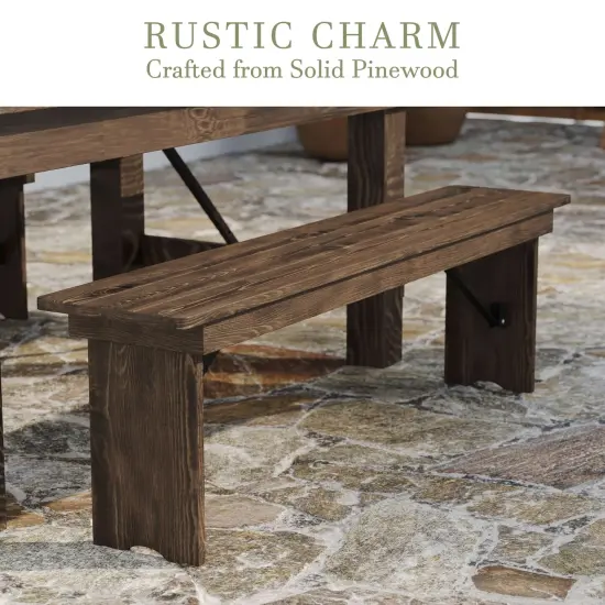 Merrick Lane Tinsley 60" x 12" Solid Pine Folding Farmhouse Style Bench, Rustic Pinewood Folding Dining Bench with Locking Legs Antique Rustic {3}