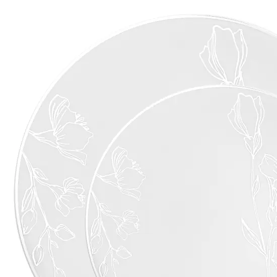 White with Silver Antique Floral Round Disposable Plastic Dinnerware Value Set (120 Guests) {1}