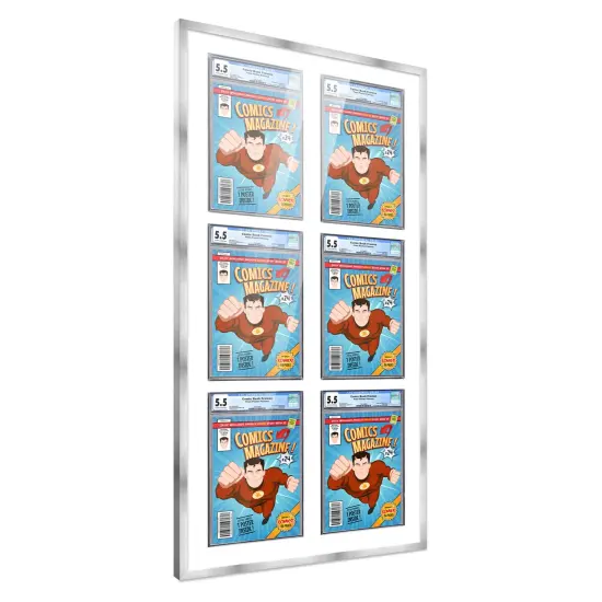 Comic Book Frame with Mat for 6 Graded Comics - Silver Wood Comic Frame With White Mat for 8.125x13 Comics - 20.75x44.5 Frame Size {2}