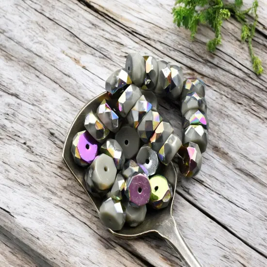 *15* 4x6mm Opaque Gray AB Fire Polished Rondelle Heishi Beads {4}