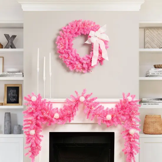 Northlight Pre-Lit Artificial Pine Christmas Garland - 9' - Pink - Clear Lights {4}