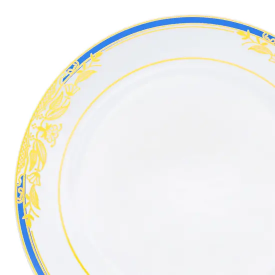 White with Blue and Gold Harmony Rim Plastic Dinner Plates - 10.25" (120 Plates) {1}