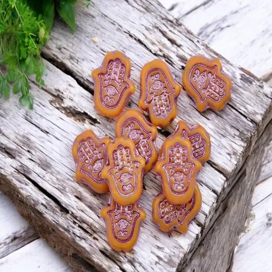 *10* 15x14mm Pink Washed Matte Orange Opal Hamsa Hand Beads {1}