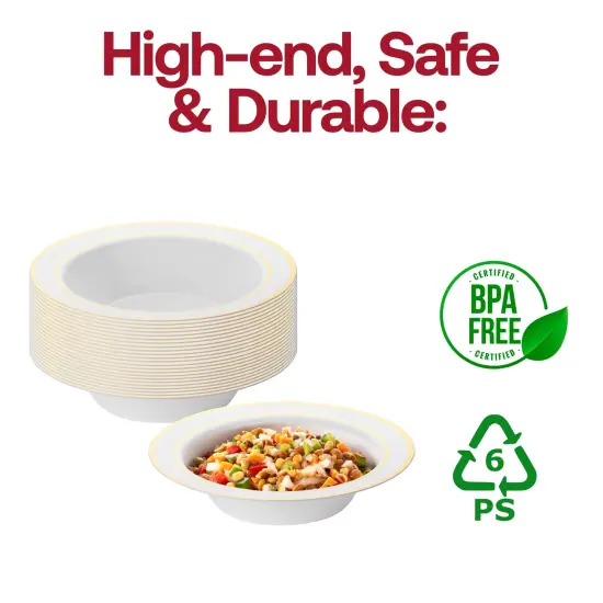 White with Gold Edge Rim Round Disposable Plastic Dessert Bowls - 5 oz. (120 Bowls) {4}