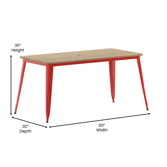 Merrick Lane Dryden Indoor/Outdoor Dining Table with Umbrella Hole, 30" x 60" All Weather Poly Resin Top and Steel Base Brown Top/Red Frame {5}