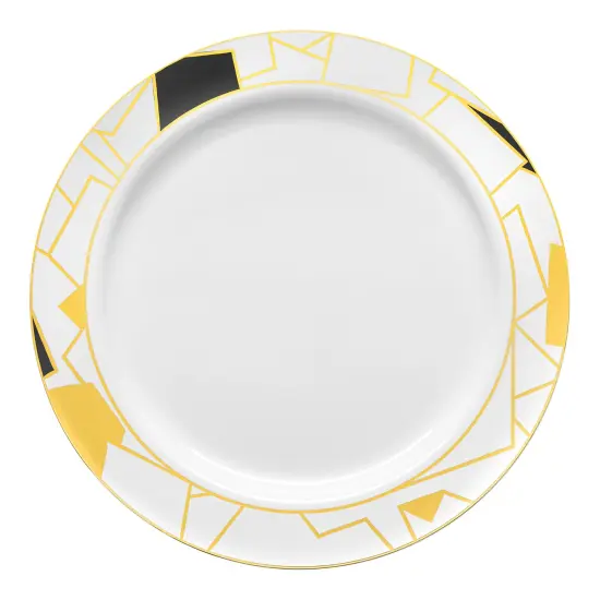White with Black and Gold Abstract Squares Pattern Round Disposable Plastic Dinner Plates - 10.25" (120 Plates) {2}