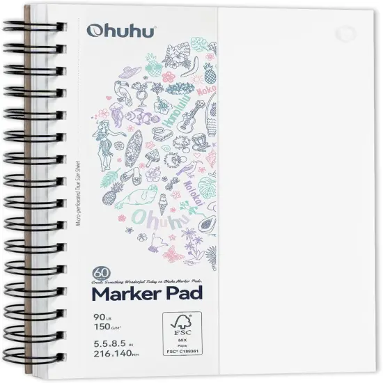 Ohuhu Double Sided Marker Pads Art Sketchbook Bleedproof - 5.5x8.5 Small Paper Size - 90LB/150GSM Smooth Drawing Paper - 60 Sheets/120 Pages, Spiral Bound Sketching Book for Alcohol Markers Christmas {1}