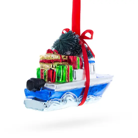 Boat with Tree and Present Glass Christmas Ornament {5}