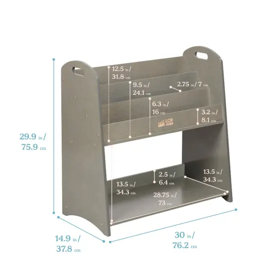 3-Shelf Floor Book Display with Handles and Storage, 30in, Classroom Storage Grey Wash {2}