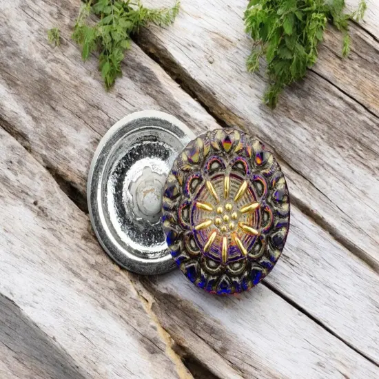 18mm Round Lacy Flower Purple/Blue Iridescent Antiqued with Gold Paint -- Czech Glass Buttons {1}