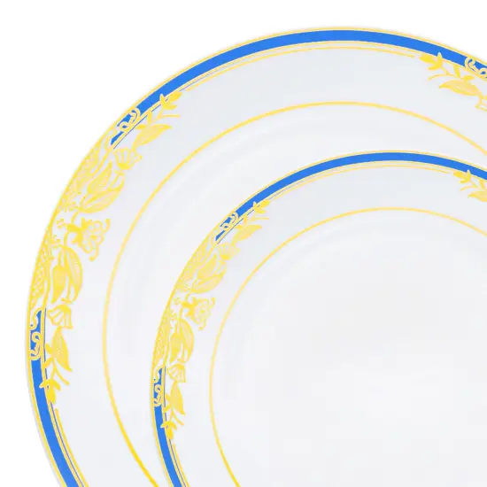 White with Blue and Gold Harmony Rim Plastic Dinnerware Value Set (120 Guests) {1}