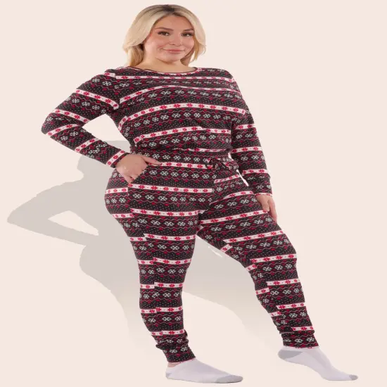 Women's Plus Size Holiday Fleece Lined Jumpsuit Onesie Black & Red {4}