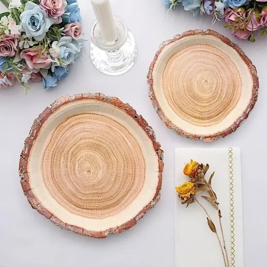 25 Natural 7 in Round Disposable Paper PLATES Wood Slice Design Party Events {2}