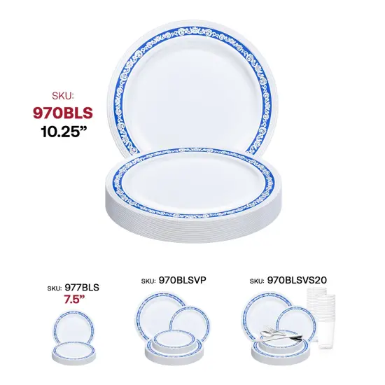 White with Blue and Silver Royal Rim Plastic Dinner Plates - 10.25" (120 Plates) {6}