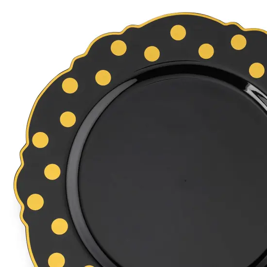 Black with Gold Dots Round Blossom Disposable Plastic Dinner Plates - 10.25" (120 Plates) {1}