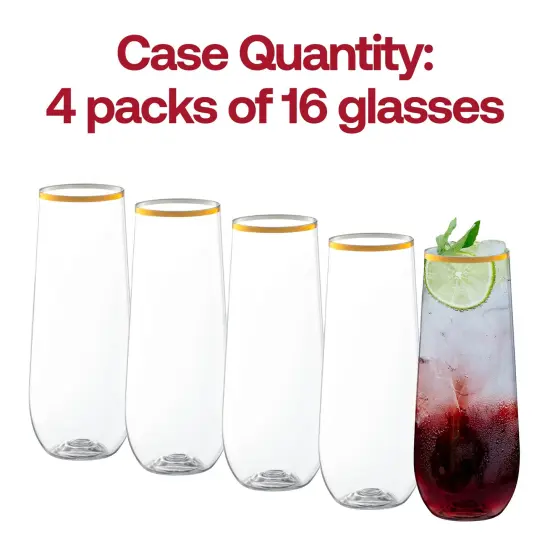Clear with Gold Stemless Plastic Champagne Flutes - 9 oz. (64 Glasses) {5}