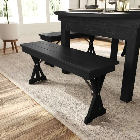 Merrick Lane Tinsley 40" x 12" Solid Pine Folding Farmhouse Style Bench, Rustic Pinewood Folding Dining Bench with Locking X-Legs Black Wash {1}